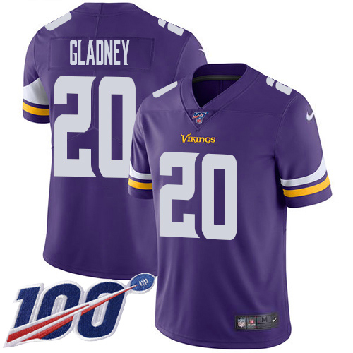 Nike Vikings #20 Jeff Gladney Purple Team Color Youth Stitched NFL 100th Season Vapor Untouchable Limited Jersey
